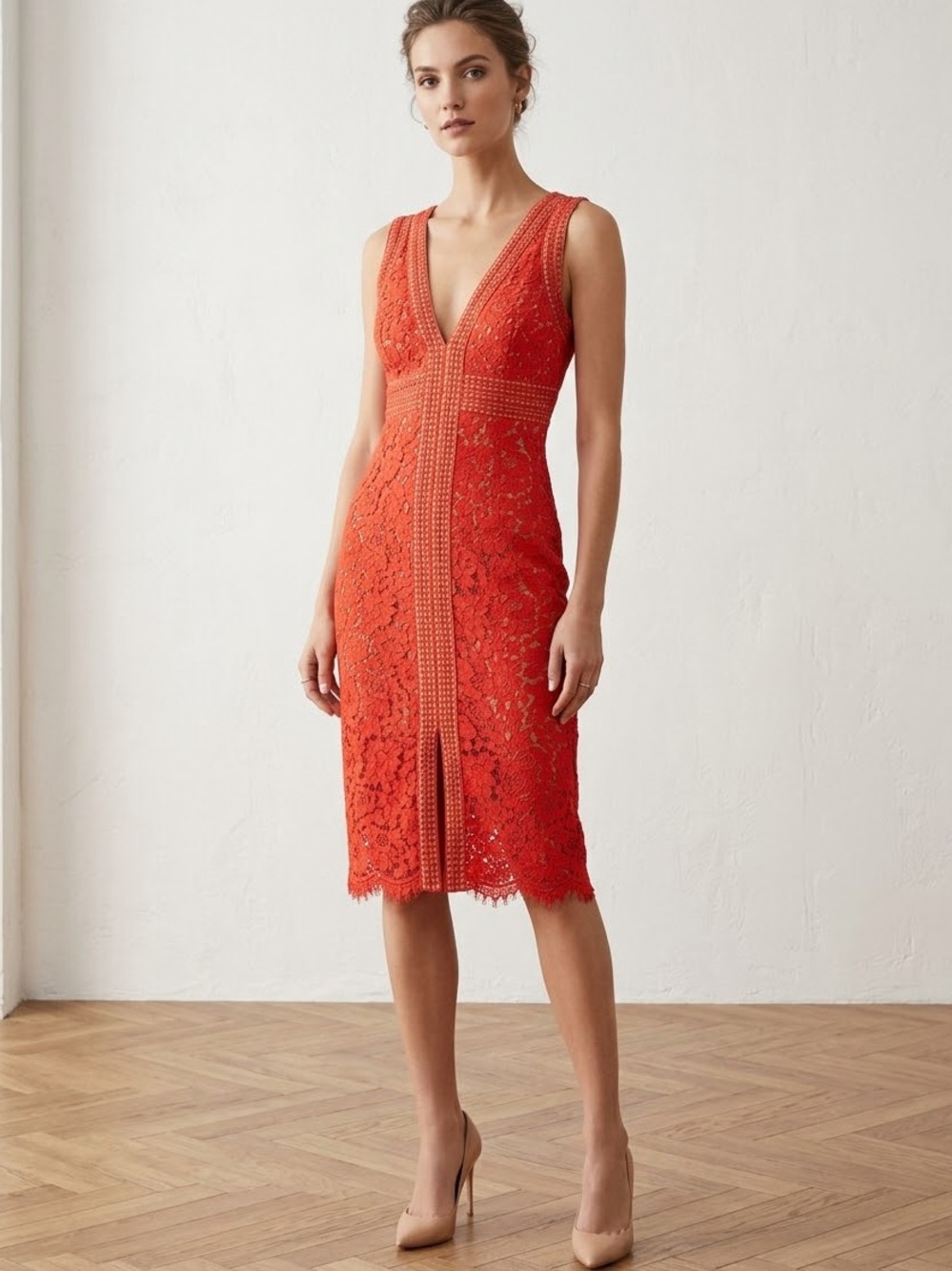 EUC Bardot Bright Coral Red / Orange Lace V-Neck Dress.
